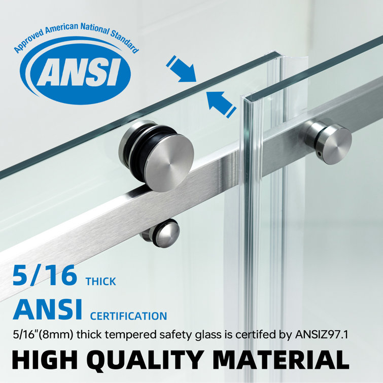 Brushed Nickel Frameless Sliding Shower Door with Clear Tempered Glass