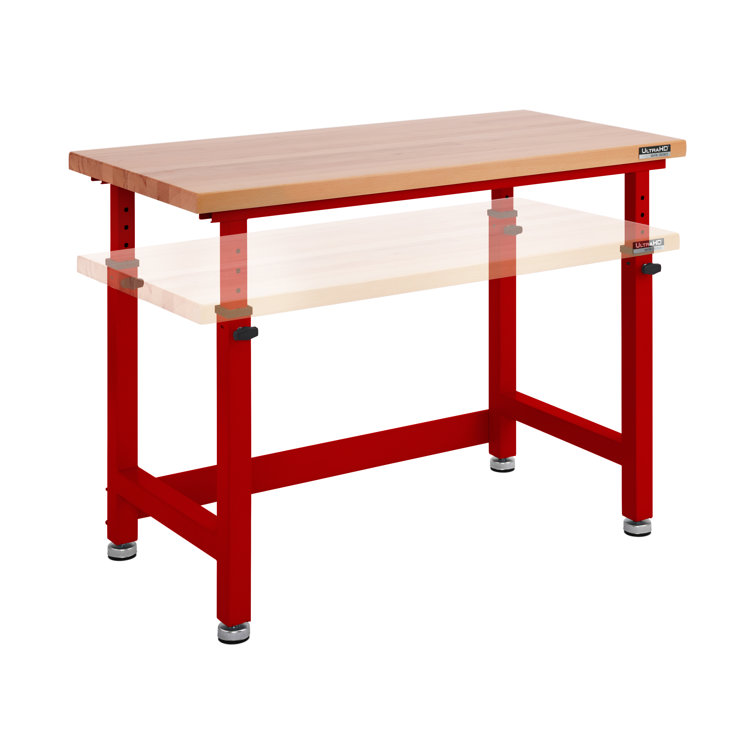 Red Adjustable Height Workbench with Solid Wood Top
