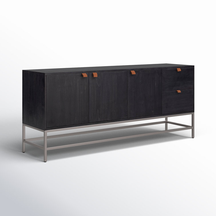 Auburn Poplar Wood 72" Sideboard with Leather Pulls and Iron Base