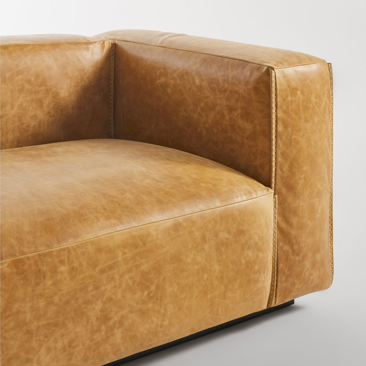 Cleon 96" Camel Leather Sofa with Zig-Zag Stitching