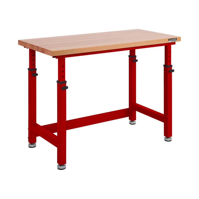 Red Adjustable Height Workbench with Solid Wood Top