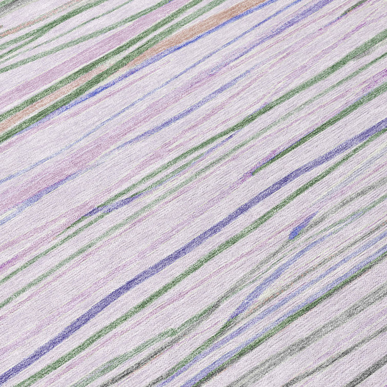 Lavender and Green Striped Synthetic Washable Rug, 2'6" x 3'10"