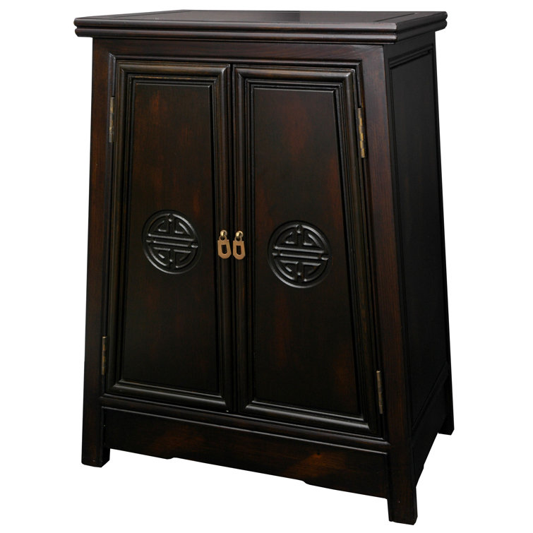 Walnut-Colored Trapezoidal Freestanding Cabinet with Hand-Carved Shou Symbol