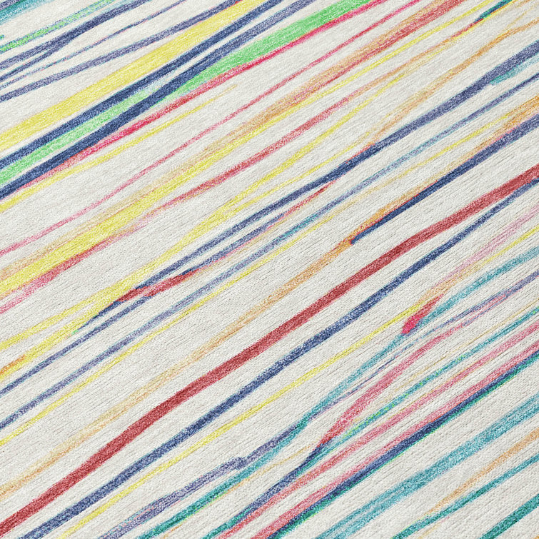 Red and Ivory Striped Washable Synthetic Rug, 2'3" x 7'6"