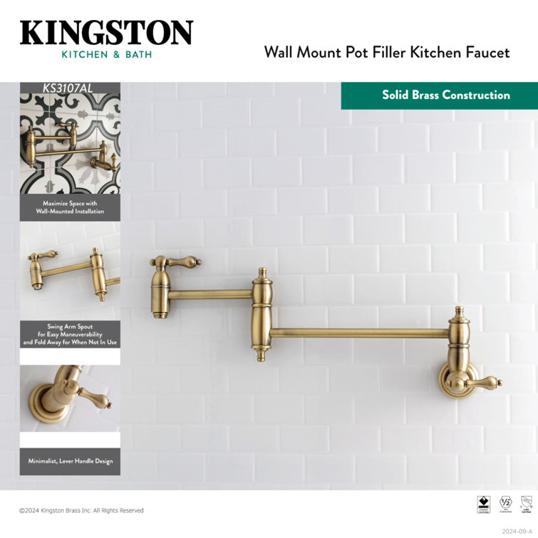 Brushed Brass Dual Handle Wall Mount Pot Filler Faucet
