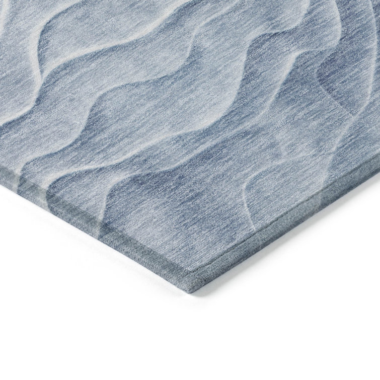 Blue Wave Pattern Washable Synthetic Rectangular Rug