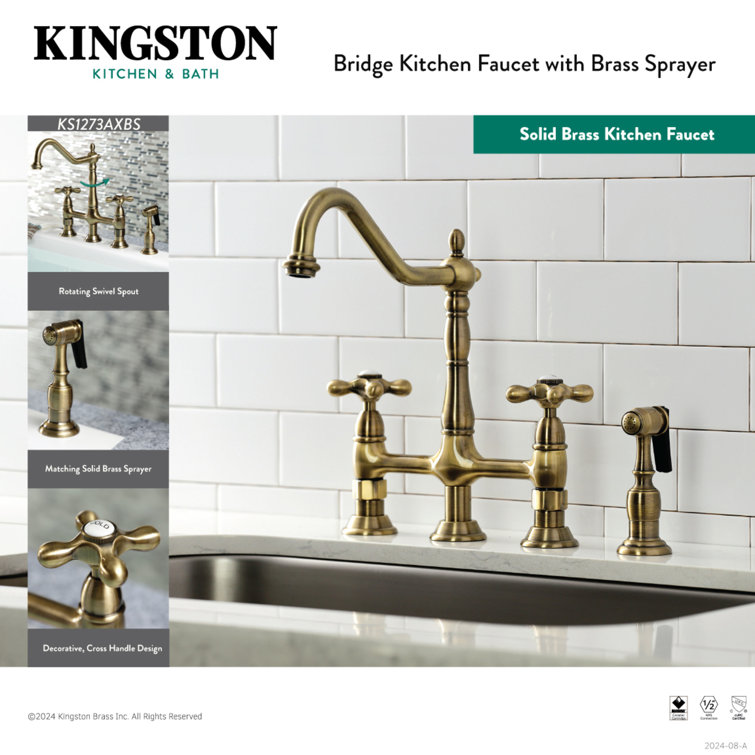 Polished Chrome Heritage Bridge Kitchen Faucet with Brass Sprayer