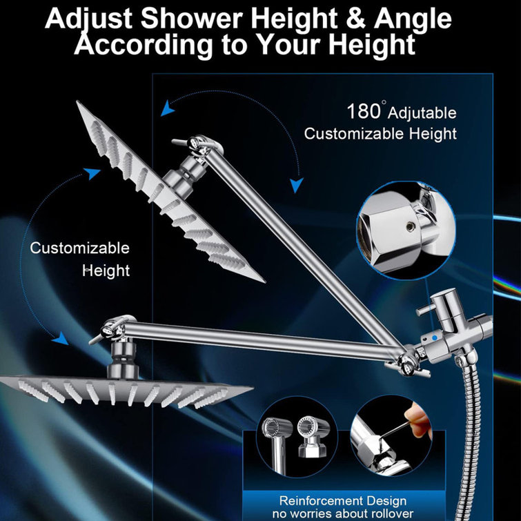 Shower Head Combo,10 Inch High Pressure Rain Shower Head with 11 Inch Adjustable Extension Arm and 5 Settings Handheld ,Powerful Shower Spray Against Low Pressure Water with Long Hose