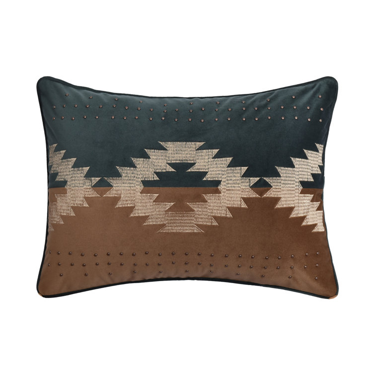 Teal and Beige Embroidered Polyester Lumbar Throw Pillow