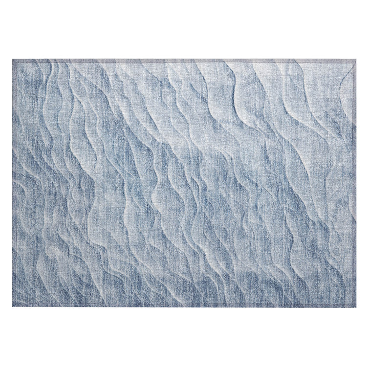 Blue Wave Pattern Washable Synthetic Rectangular Rug