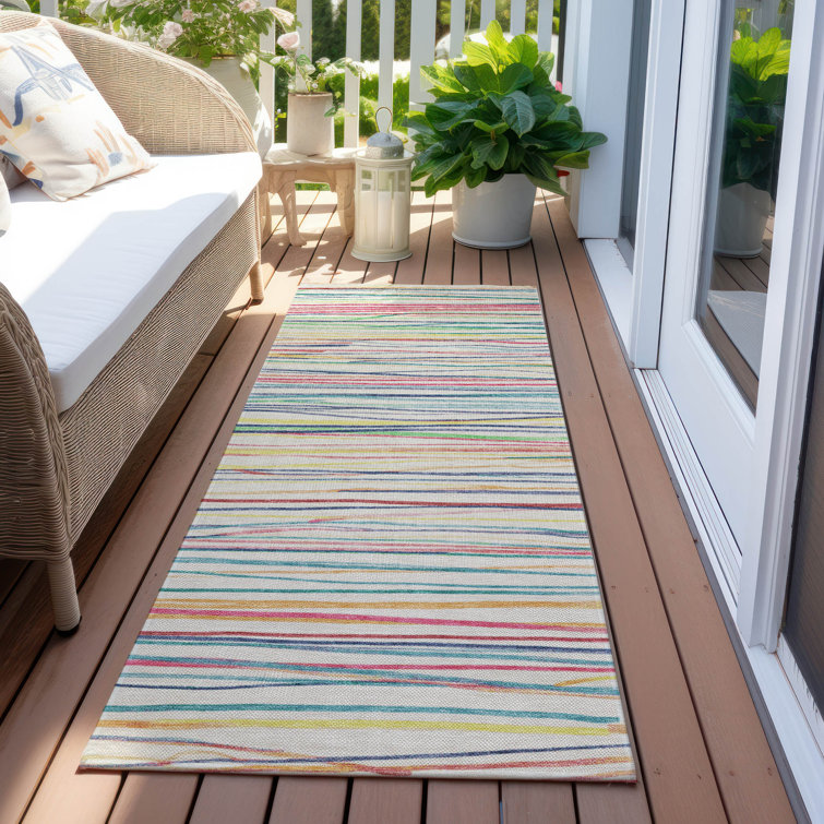 Red and Ivory Striped Washable Synthetic Rug, 2'3" x 7'6"