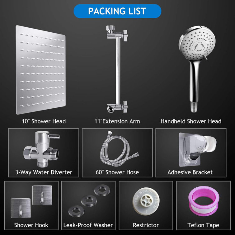 Shower Head Combo,10 Inch High Pressure Rain Shower Head with 11 Inch Adjustable Extension Arm and 5 Settings Handheld ,Powerful Shower Spray Against Low Pressure Water with Long Hose