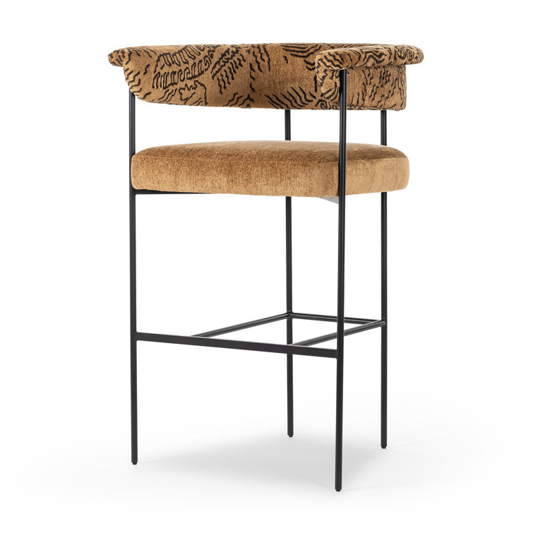 Slate Boucle Modern Metal Frame Bar Stool with Leather Seat