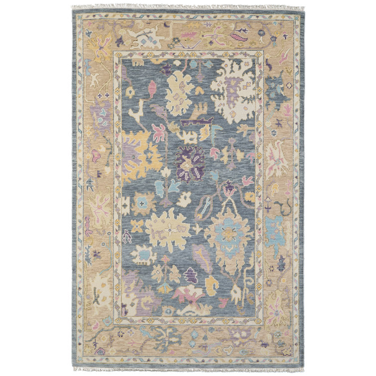 Karina Blue and Beige Hand-Knotted Wool Floral Area Rug