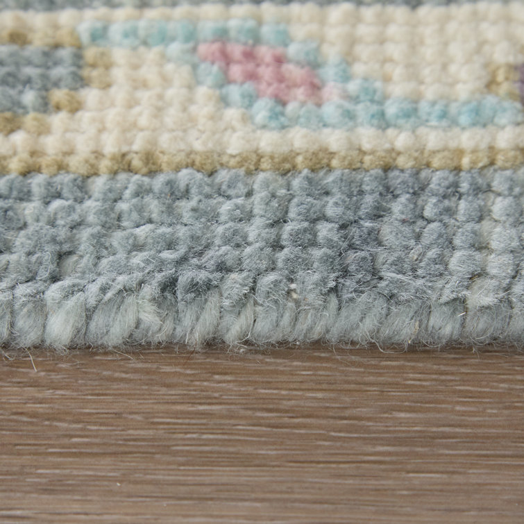 Karina Blue and Beige Floral Wool Runner Rug