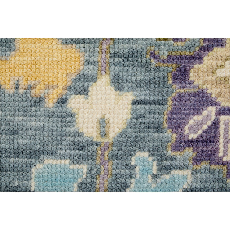 Karina Blue and Beige Floral Wool Runner Rug