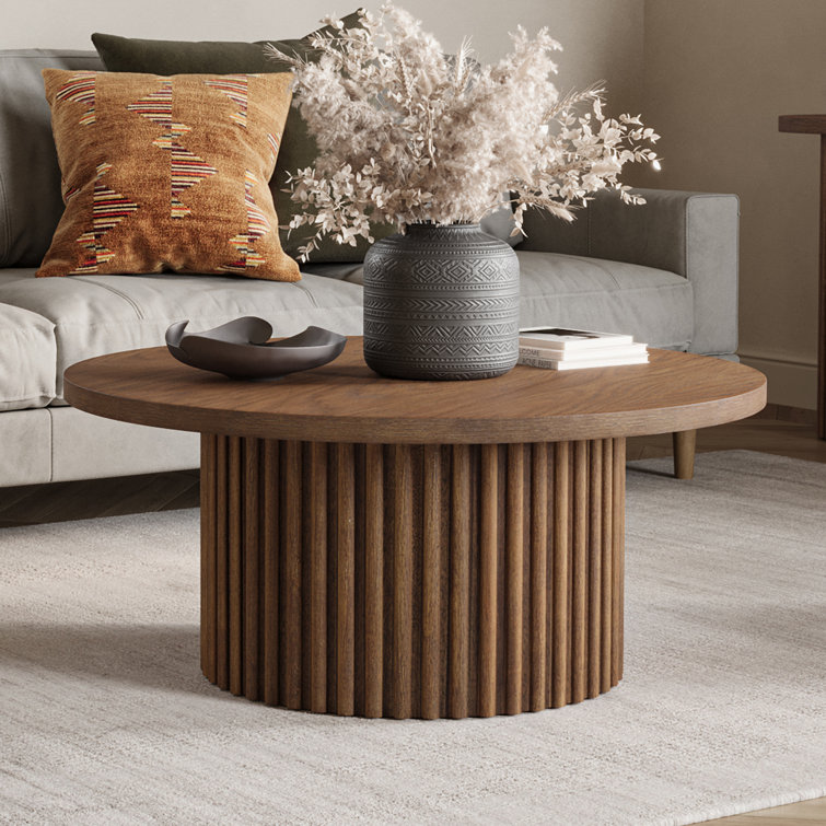 Auden 40'' Walnut Round Fluted Pedestal Coffee Table with Wheels