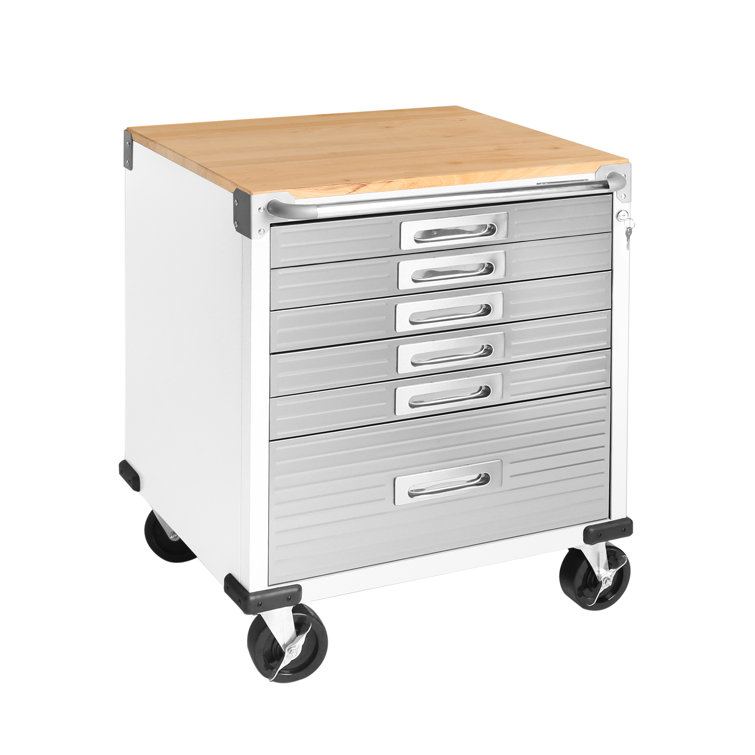 White Heavy-Duty Steel 6-Drawer Rolling Cabinet with Wood Top