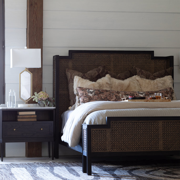 Camille Queen Mahogany and Rattan Bed with Headboard