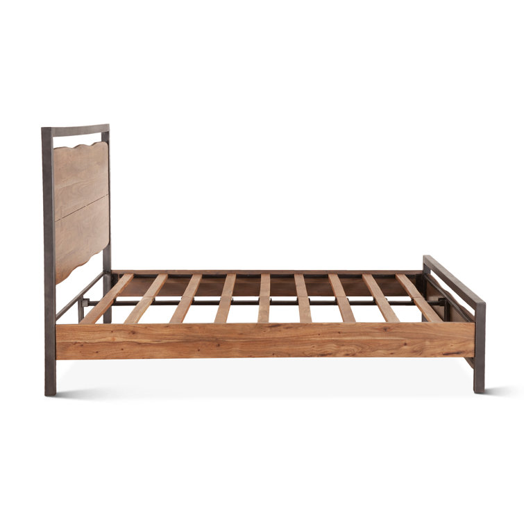 Queen Acacia Wood and Reclaimed Iron Platform Bed with Bookcase Headboard