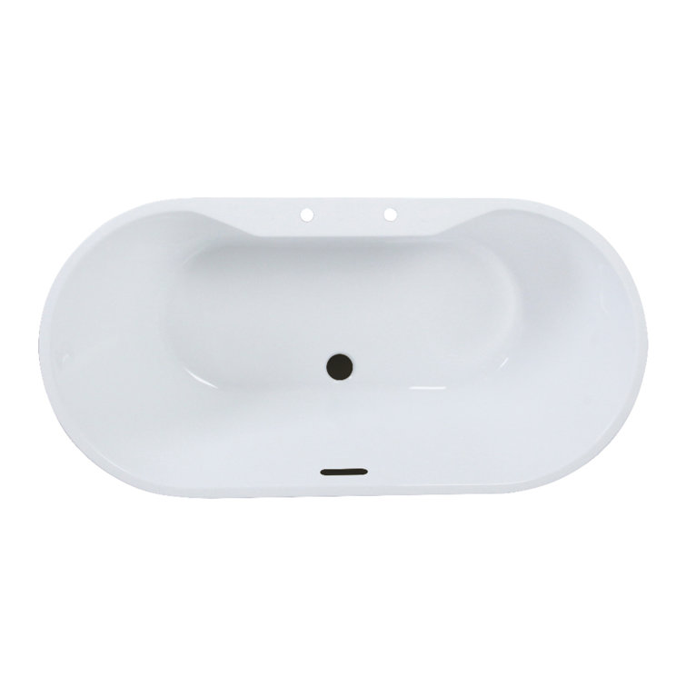Glossy White Acrylic Freestanding Oval Bathtub with Matte Black Drain