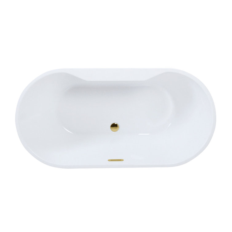 67-Inch White Acrylic Freestanding Tub with Polished Brass Drain