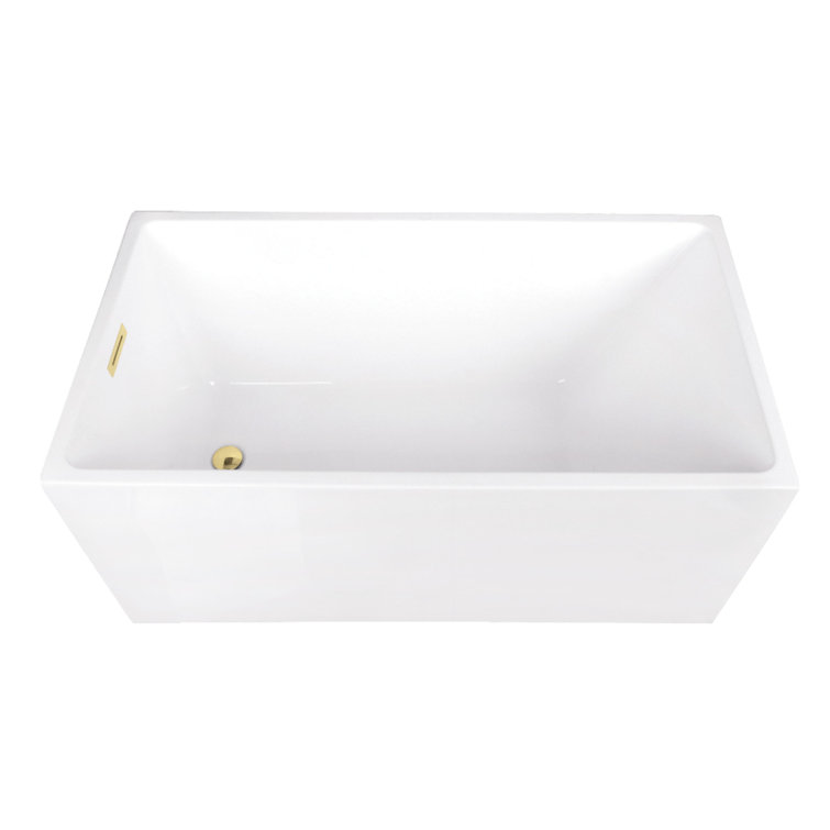51-Inch White Acrylic Rectangular Freestanding Tub with Polished Brass Drain