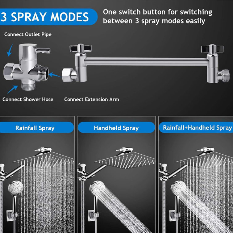 Shower Head Combo,10 Inch High Pressure Rain Shower Head with 11 Inch Adjustable Extension Arm and 5 Settings Handheld ,Powerful Shower Spray Against Low Pressure Water with Long Hose