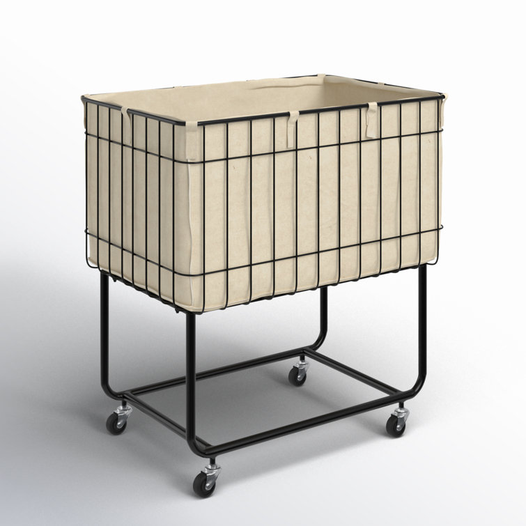 Black Metal Wire Basket Storage Cart with Wheels and Fabric Lining