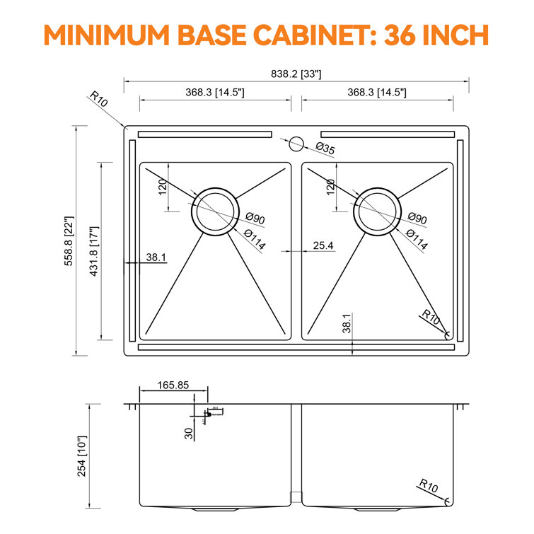33'' Stainless Steel Double Bowl Drop-In Kitchen Sink