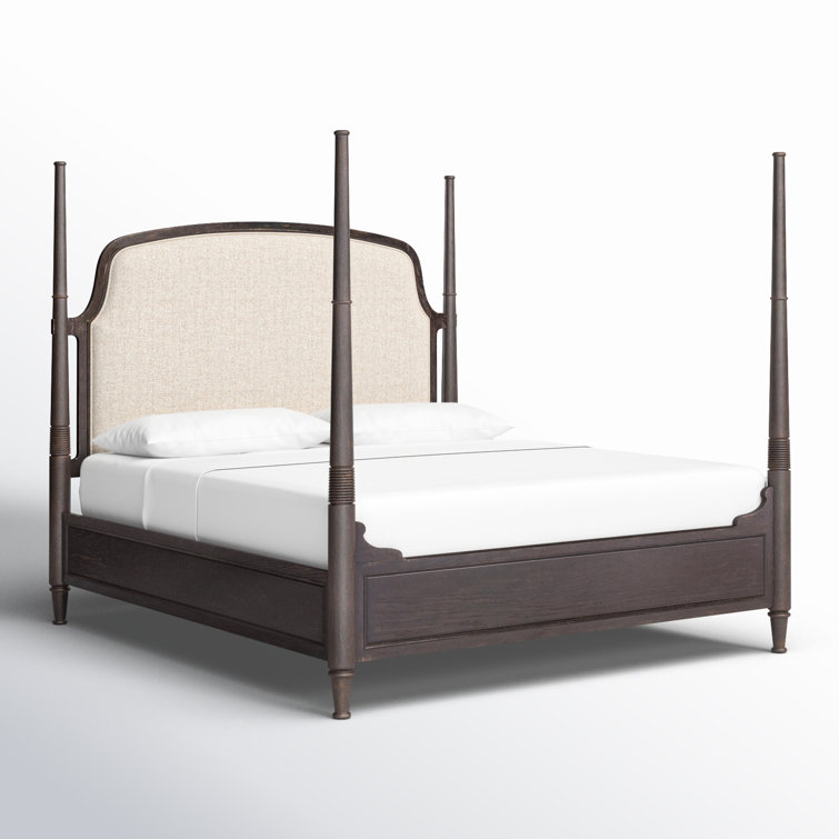 Rustic Beige King Upholstered Poster Bed with Wood Frame