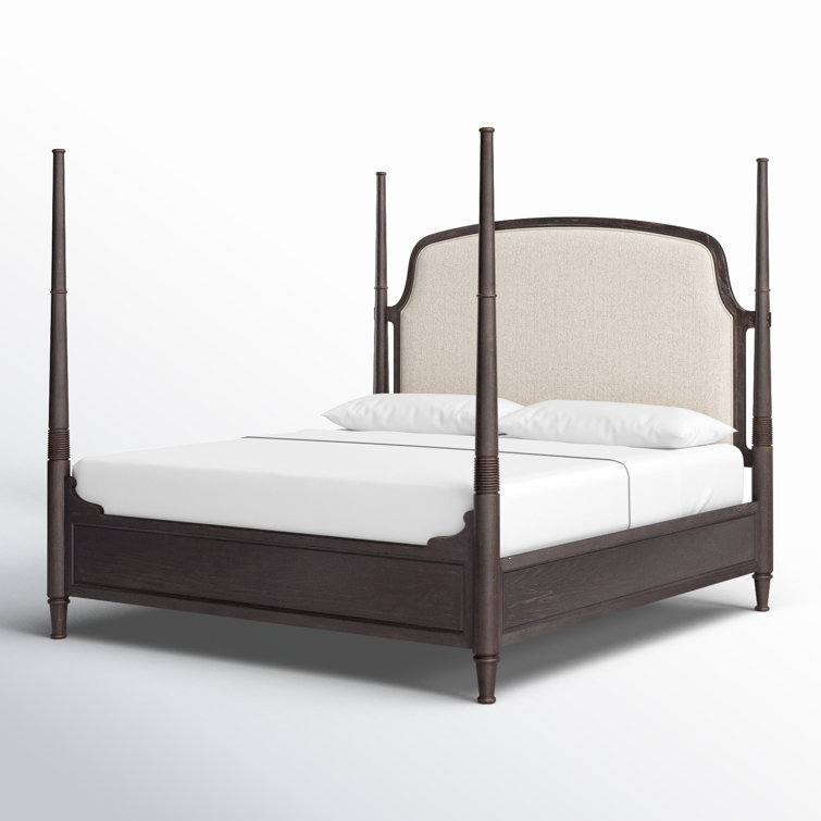 Rustic Beige King Upholstered Poster Bed with Wood Frame