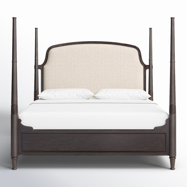 Rustic Beige King Upholstered Poster Bed with Wood Frame