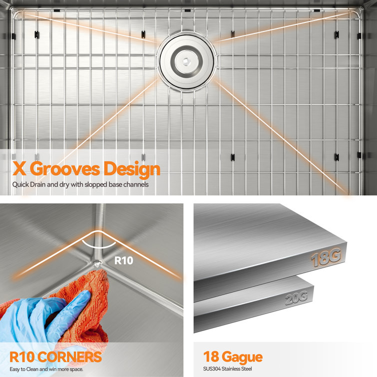 32" Brushed Stainless Steel Single Bowl Undermount Kitchen Sink