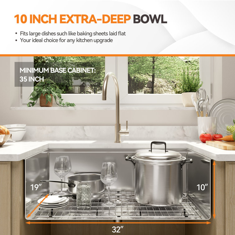 32" Brushed Stainless Steel Single Bowl Undermount Kitchen Sink