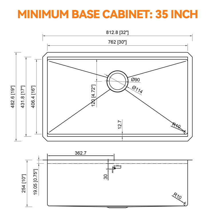 32" Brushed Stainless Steel Single Bowl Undermount Kitchen Sink
