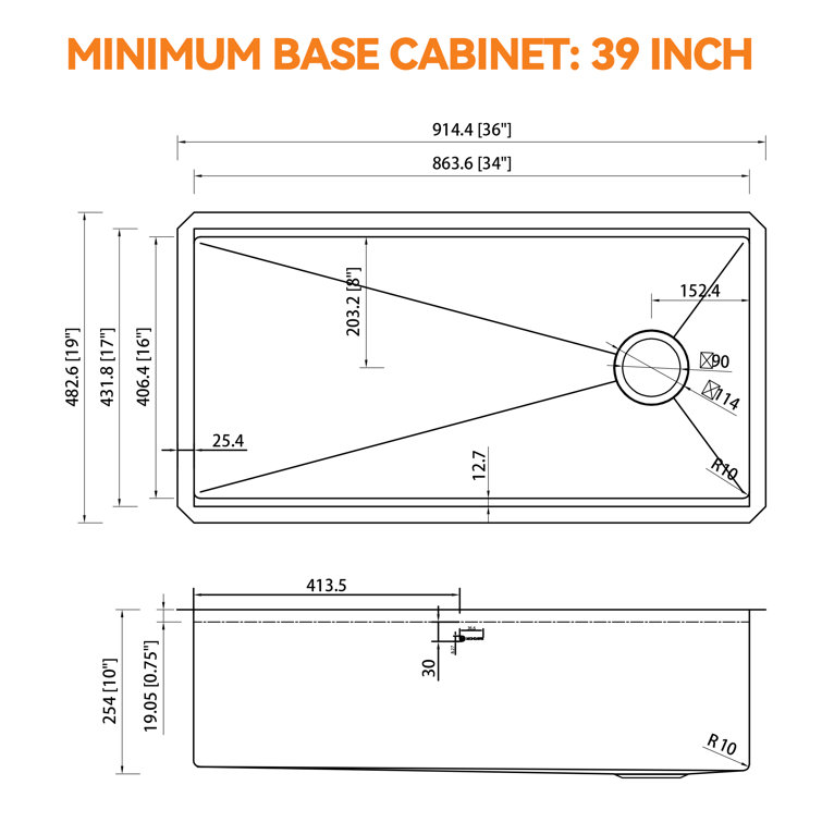 36'' Stainless Steel Single Bowl Undermount Kitchen Sink with Accessories