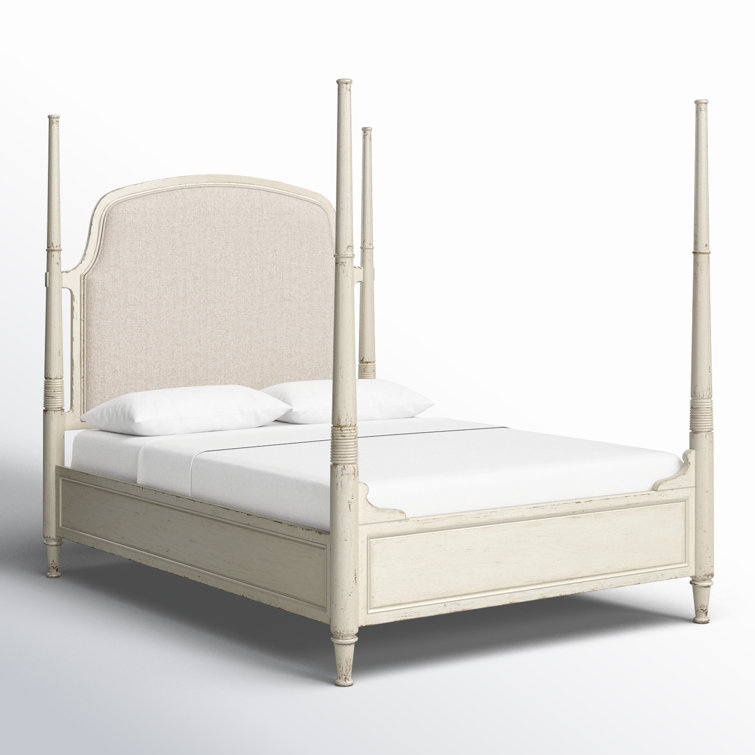 Beige Queen Upholstered Poster Bed with Wood Frame