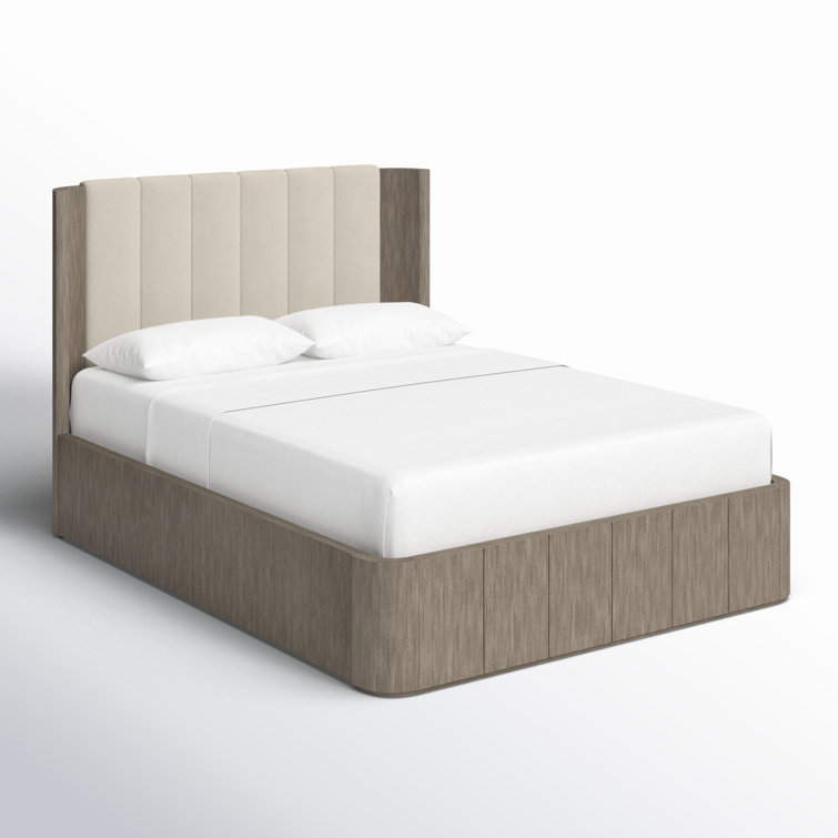 Queen Beige Upholstered Wood Frame Bed