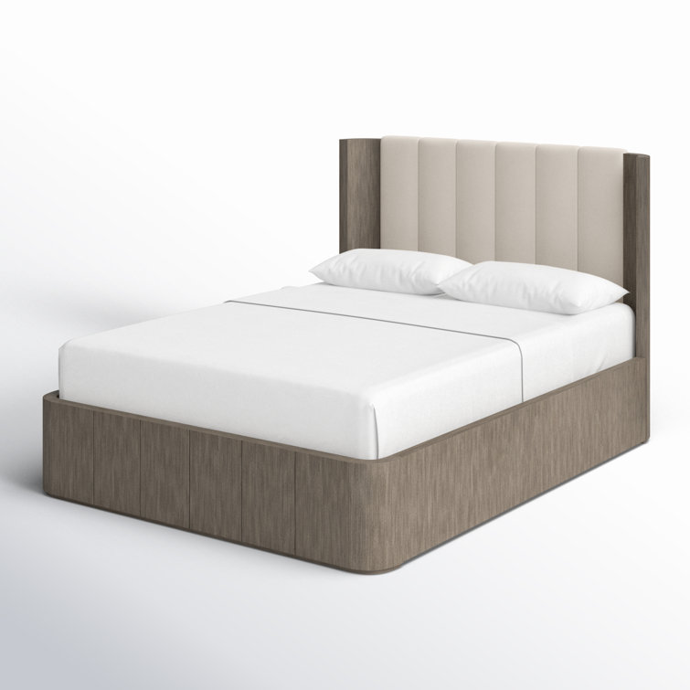 Queen Beige Upholstered Wood Frame Bed
