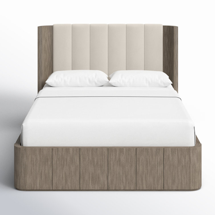 Queen Beige Upholstered Wood Frame Bed