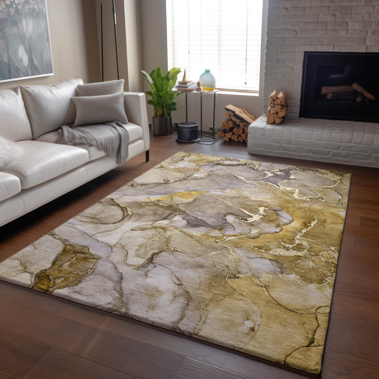 Taupe and Gold Abstract 5' x 7' Washable Synthetic Rug