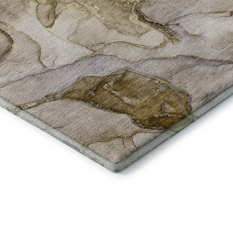Taupe and Gold Abstract 5' x 7' Washable Synthetic Rug