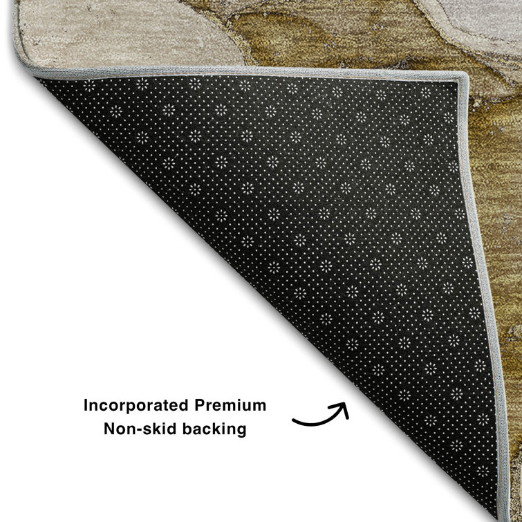 Taupe and Gold Abstract 5' x 7' Washable Synthetic Rug