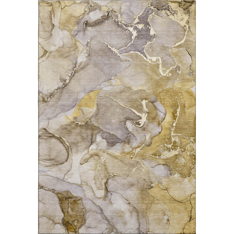 Taupe and Gold Abstract 5' x 7' Washable Synthetic Rug