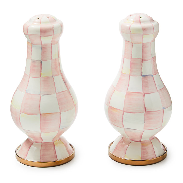Large Pink and White Checkered Enamel Salt and Pepper Shakers