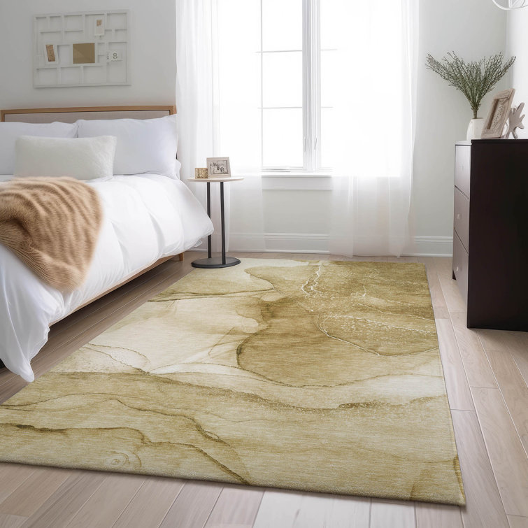 Beige Rectangular Washable Synthetic Area Rug with Non-slip Backing