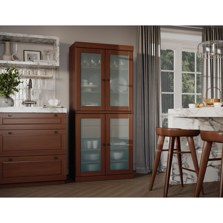 Mocha Solid Wood Pantry Cabinet with Frosted Glass Doors