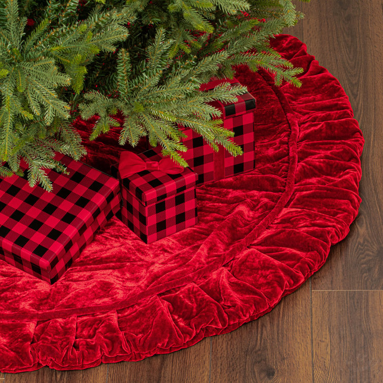 Luxurious Red Velvet Christmas Tree Skirt with Ruffled Border