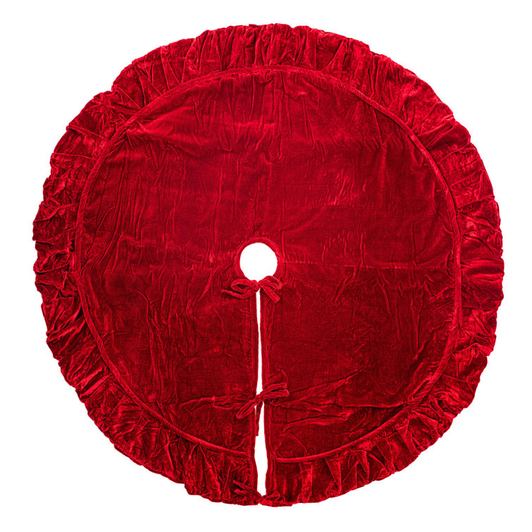 Luxurious Red Velvet Christmas Tree Skirt with Ruffled Border